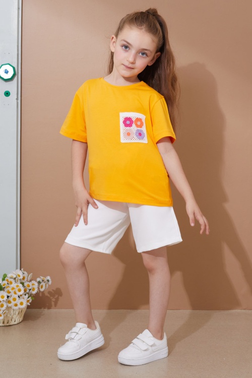 Turuncu Çiçek Cep Detaylı Kuşaklı Şortlu Kız Çocuk Takım 18737