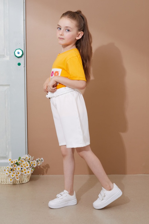 Turuncu Çiçek Cep Detaylı Kuşaklı Şortlu Kız Çocuk Takım 18737