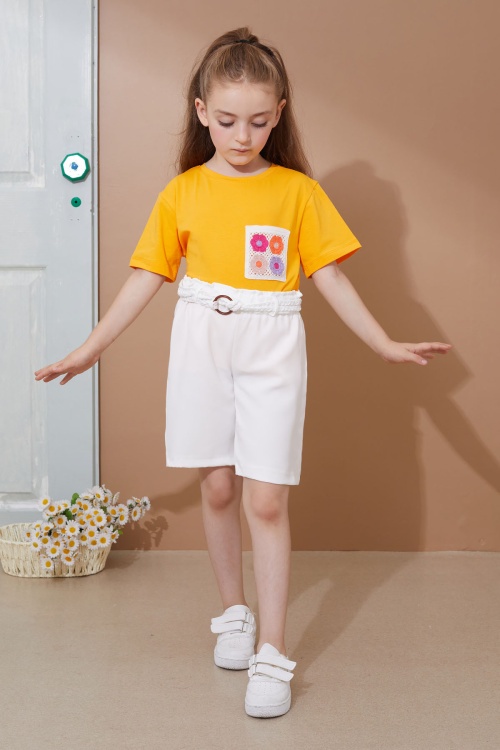 Turuncu Çiçek Cep Detaylı Kuşaklı Şortlu Kız Çocuk Takım 18737