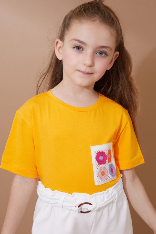 Turuncu Çiçek Cep Detaylı Kuşaklı Şortlu Kız Çocuk Takım 18737