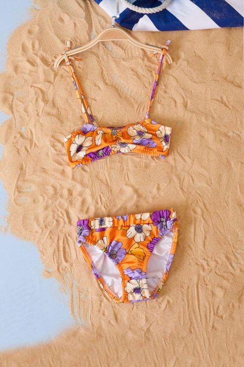 Turuncu İp Askılı Çiçek Desenli Kız Çocuk Bikini 19045