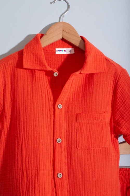 Turuncu Müslin Kumaş Gömlekli Erkek Çocuk Şortlu Takım 18897