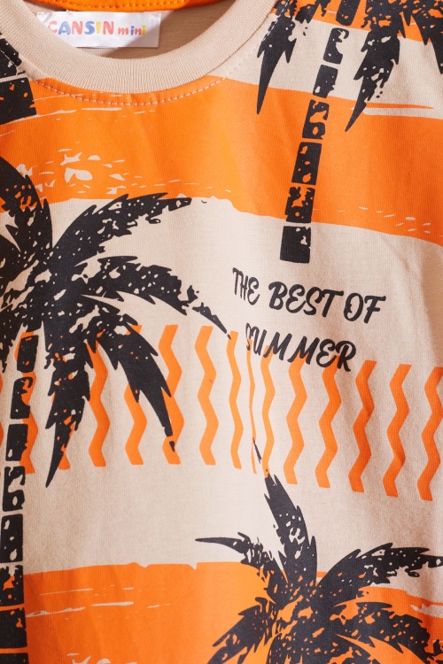 Turuncu Palmiye Baskılı Tişörtlü Erkek Çocuk Şortlu Takım 18848