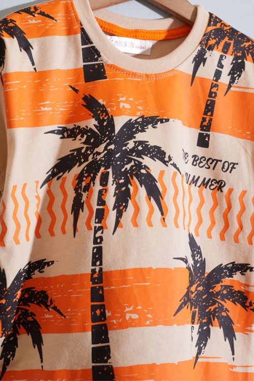 Turuncu Palmiye Baskılı Tişörtlü Erkek Çocuk Şortlu Takım 18848