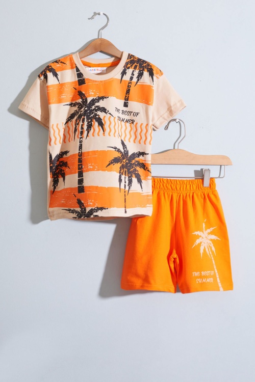 Turuncu Palmiye Baskılı Tişörtlü Erkek Çocuk Şortlu Takım 18848