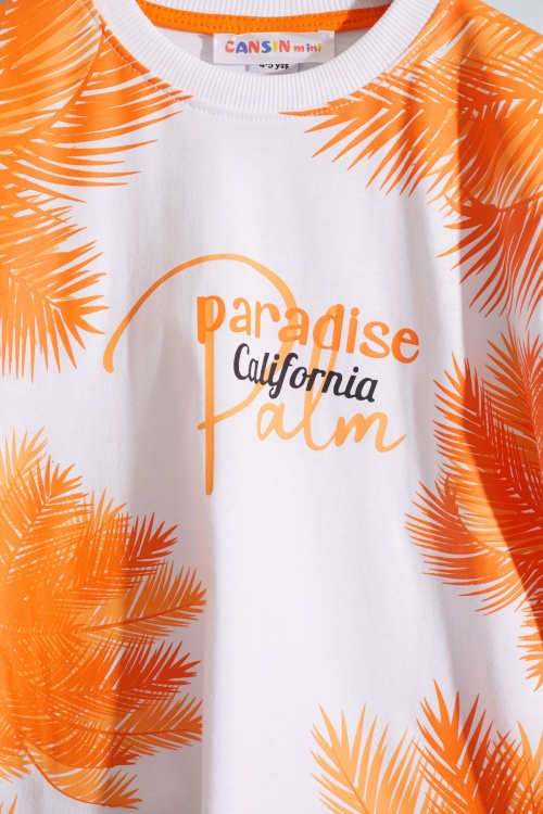 Turuncu Paradise Yazılı Palmiyeli Erkek Çocuk Şortlu Takım 18938