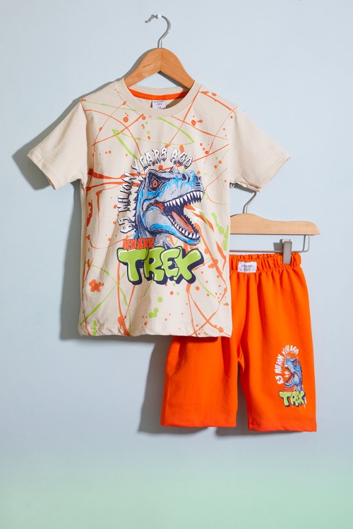 Turuncu T-rex Baskılı Yazılı Erkek Çocuk Şortlu Takım 18707