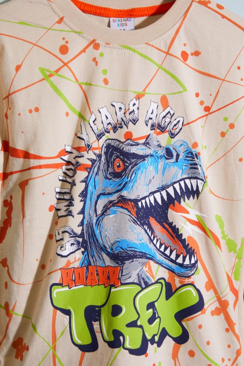 Turuncu T-rex Baskılı Yazılı Erkek Çocuk Şortlu Takım 18707