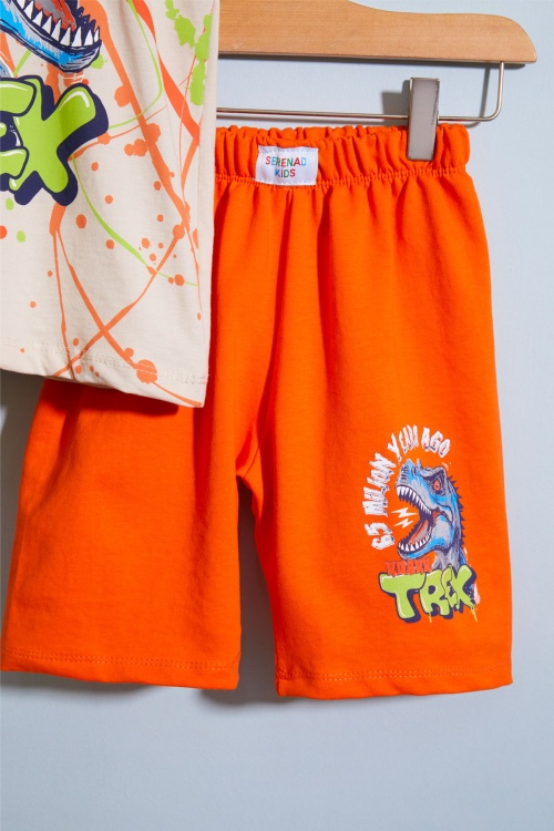 Turuncu T-rex Baskılı Yazılı Erkek Çocuk Şortlu Takım 18707