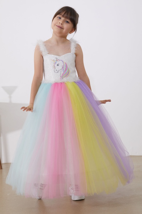 Unicorn Desenli Payetli Kız Çocuk Tüllü Abiye