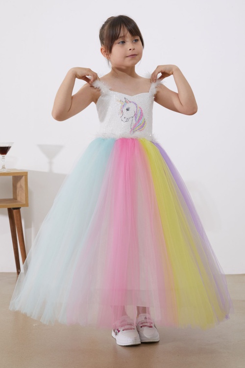 Unicorn Desenli Payetli Kız Çocuk Tüllü Abiye