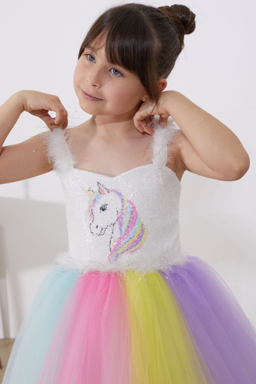 Unicorn Desenli Payetli Kız Çocuk Tüllü Abiye