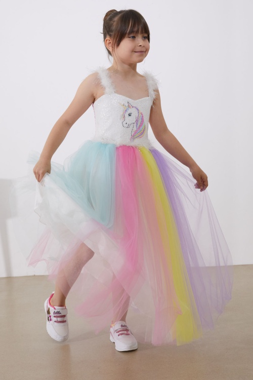 Unicorn Desenli Payetli Kız Çocuk Tüllü Abiye