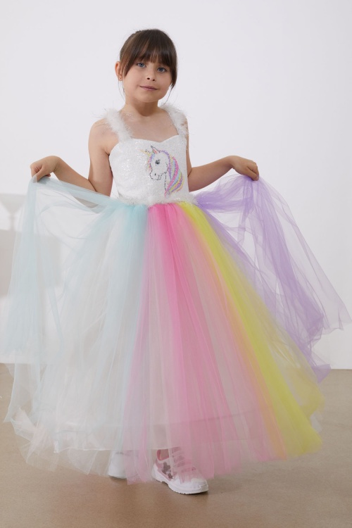 Unicorn Desenli Payetli Kız Çocuk Tüllü Abiye