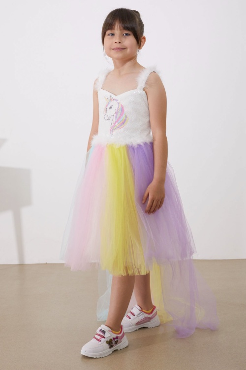 Unicorn Desenli Payetli Kız Çocuk Tüllü Elbise
