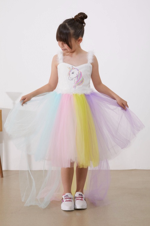 Unicorn Desenli Payetli Kız Çocuk Tüllü Elbise