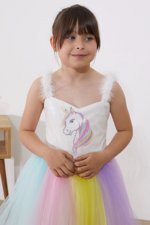 Unicorn Desenli Payetli Kız Çocuk Tüllü Elbise
