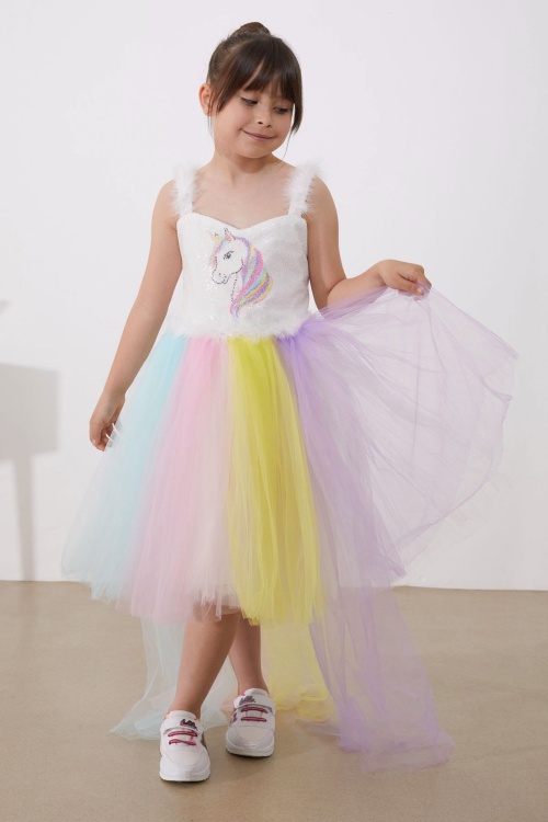 Unicorn Desenli Payetli Kız Çocuk Tüllü Elbise