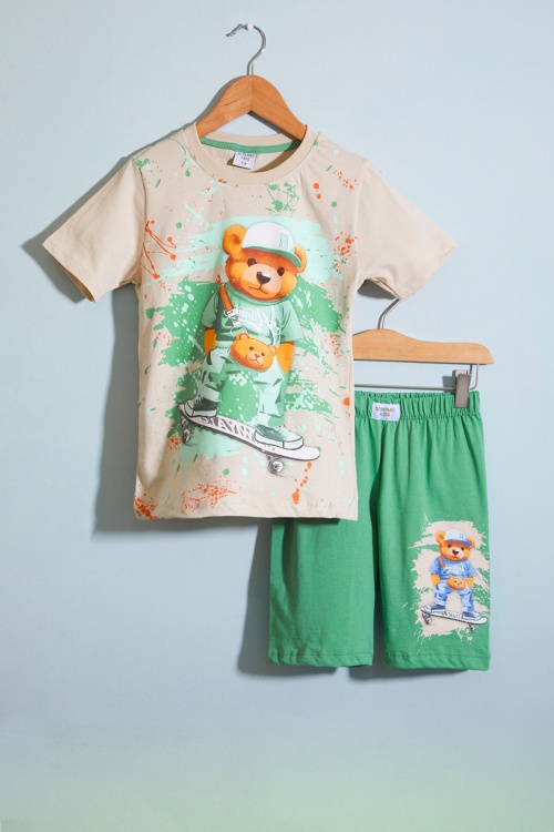 Yeşil Ayıcık Baskılı Bisiklet Yaka Erkek Çocuk Şortlu Takım 18684