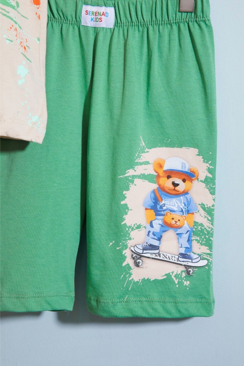 Yeşil Ayıcık Baskılı Bisiklet Yaka Erkek Çocuk Şortlu Takım 18684