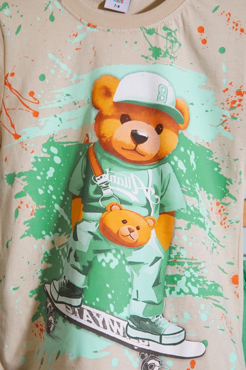 Yeşil Ayıcık Baskılı Bisiklet Yaka Erkek Çocuk Şortlu Takım 18684