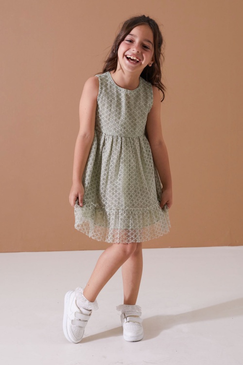 Yeşil Jean Crop Ceketli Tüllü Kız Çocuk Elbise Takımı 19105