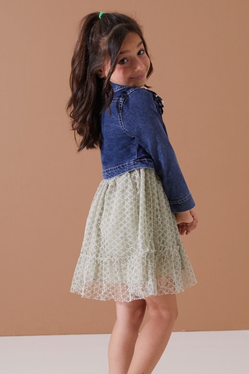 Yeşil Jean Crop Ceketli Tüllü Kız Çocuk Elbise Takımı 19105