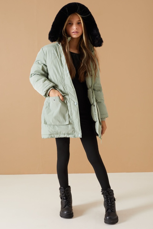 Yeşil Kapaklı Cepli Kız Çocuk Kapüşonlu Mont 19066