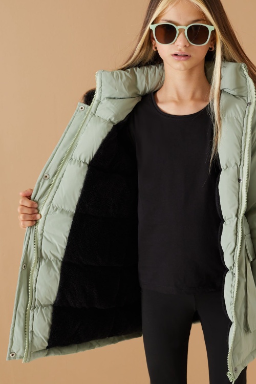 Yeşil Kapaklı Cepli Kız Çocuk Kapüşonlu Mont 19066