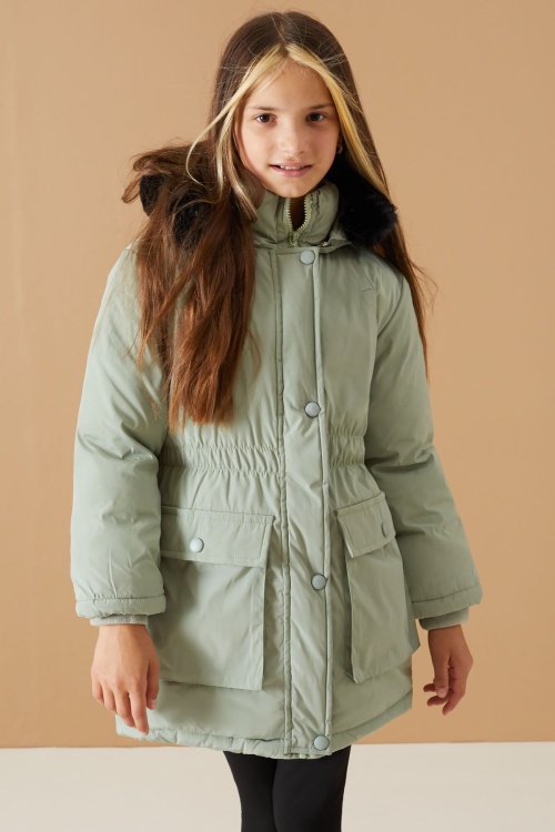 Yeşil Kapaklı Cepli Kız Çocuk Kapüşonlu Mont 19066