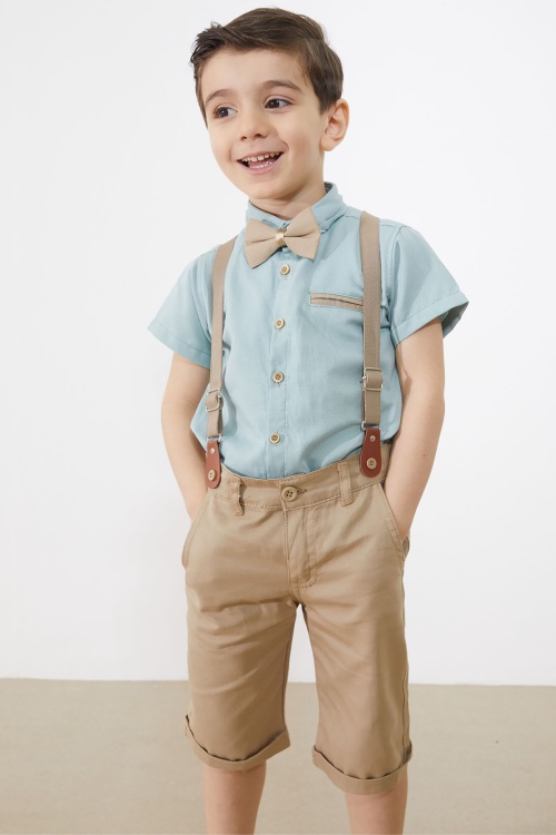 Yeşil Kısa Kol Gömlekli Papyonlu Erkek Çocuk Keten Şortlu Takım 18868