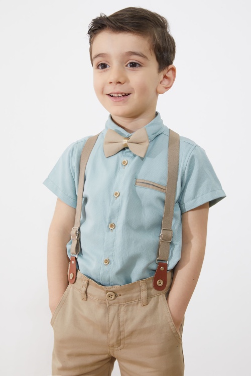 Yeşil Kısa Kol Gömlekli Papyonlu Erkek Çocuk Keten Şortlu Takım 18868