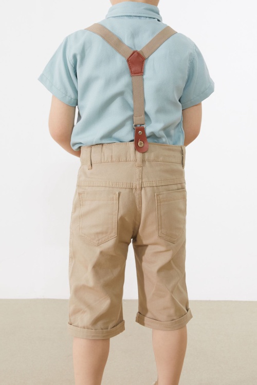 Yeşil Kısa Kol Gömlekli Papyonlu Erkek Çocuk Keten Şortlu Takım 18868