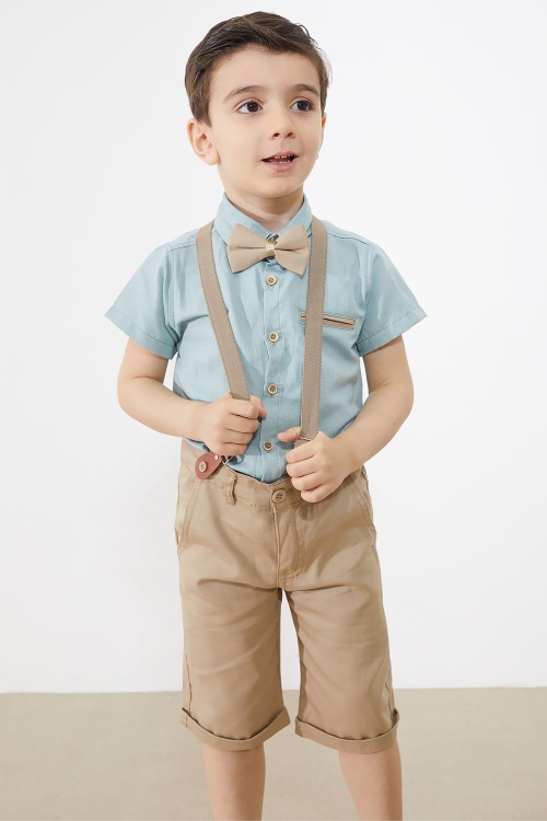 Yeşil Kısa Kol Gömlekli Papyonlu Erkek Çocuk Keten Şortlu Takım 18868