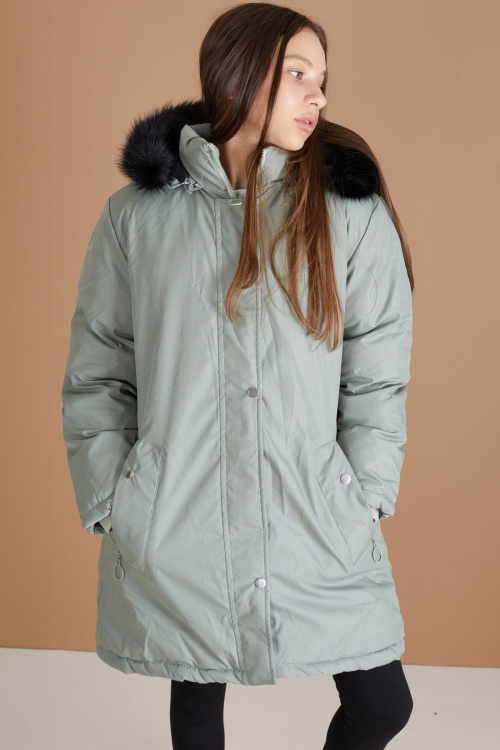 Yeşil Kürklü İçi Astarlı Çıkarılabilir Kapüşonlu Kız Çocuk Mont 19354