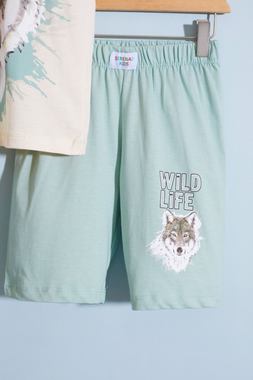 Yeşil Kurt Baskı Bisiklet Yaka Erkek Çocuk Şortlu Takım 18679