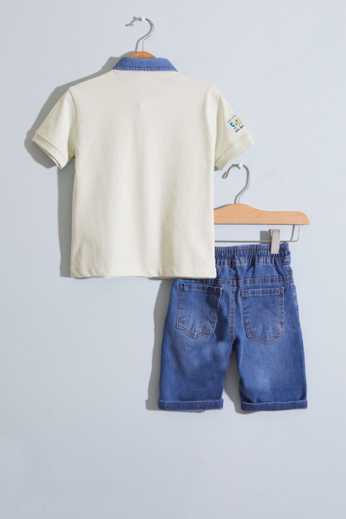 Yeşil Polo Yaka Surf Baskılı Jean Şortlu Erkek Çocuk Takım 18918