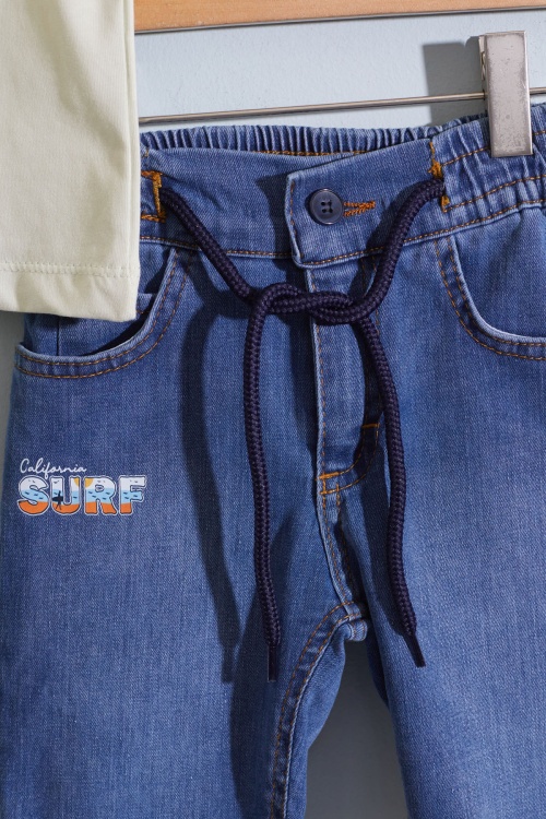 Yeşil Polo Yaka Surf Baskılı Jean Şortlu Erkek Çocuk Takım 18918