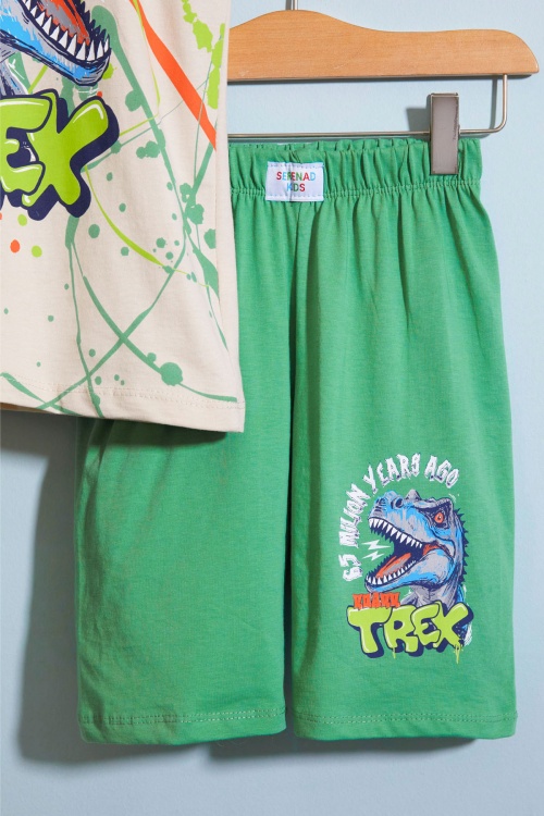 Yeşil T-rex Baskılı Yazılı Erkek Çocuk Şortlu Takım 18708