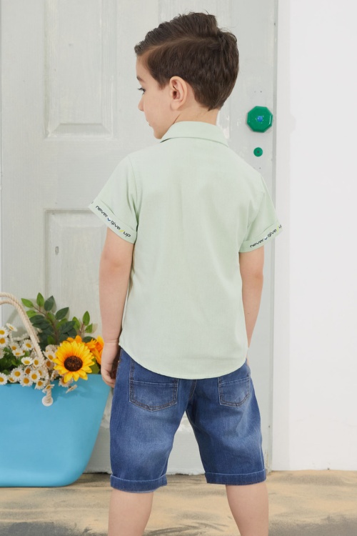 Yeşil Yazılı Kısa Kol Gömlekli Jean Şortlu Erkek Çocuk Takım 18758