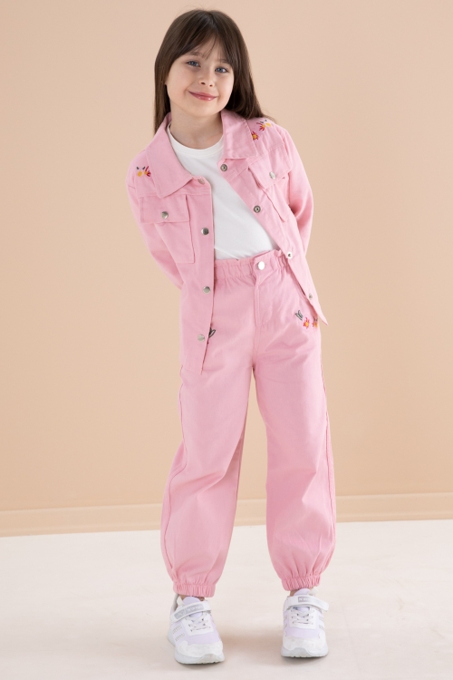 Açık Pembe Nakış Detaylı Gömlekli Pantolonlu Kız Çocuk 3lü Takım 20158