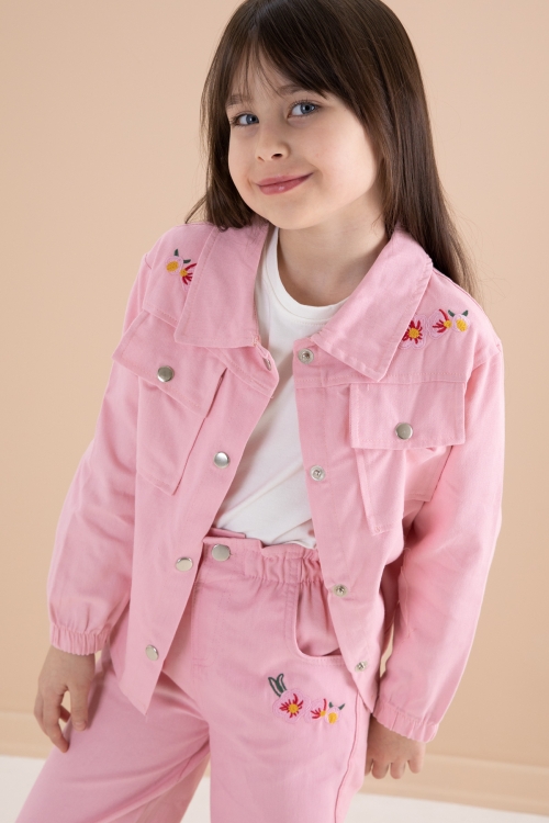 Açık Pembe Nakış Detaylı Gömlekli Pantolonlu Kız Çocuk 3lü Takım 20158
