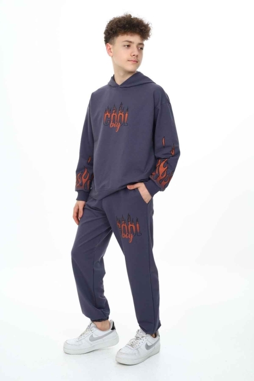 Antrasit Cool Yazılı Erkek Çocuk Kapüşonlu Eşofman Takımı 19581