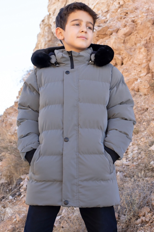 Antrasit İçi Kürklü Çıkarılabilir Kapüşonlu Erkek Çocuk Şişme Mont 19694
