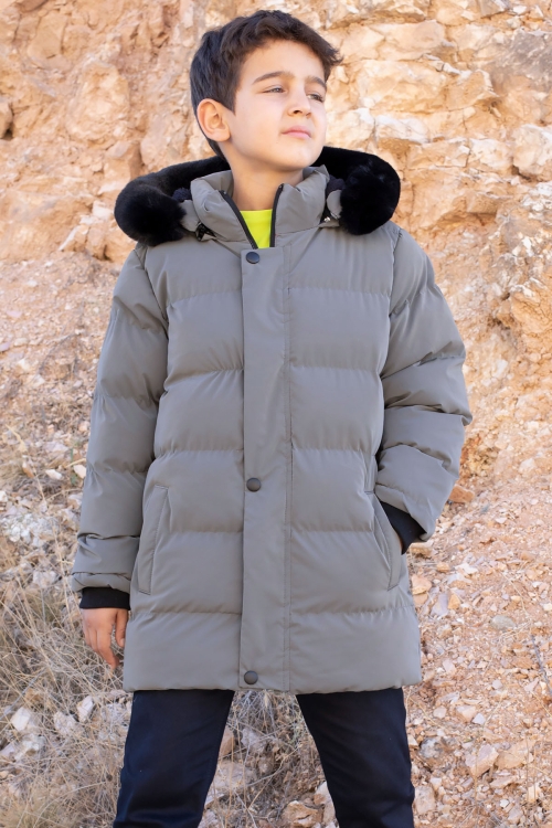 Antrasit İçi Kürklü Çıkarılabilir Kapüşonlu Erkek Çocuk Şişme Mont 19694