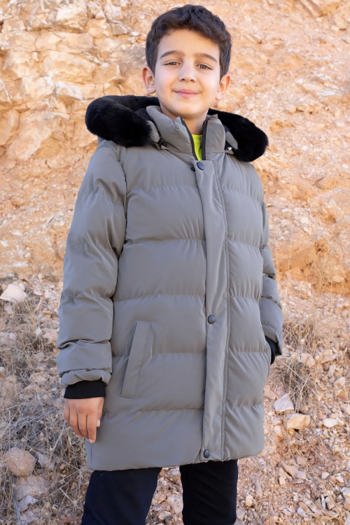 Antrasit İçi Kürklü Çıkarılabilir Kapüşonlu Erkek Çocuk Şişme Mont 19694