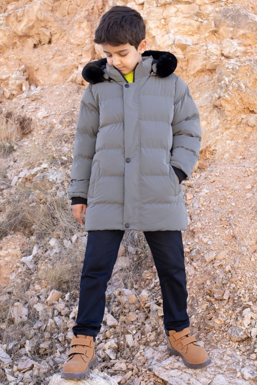 Antrasit İçi Kürklü Çıkarılabilir Kapüşonlu Erkek Çocuk Şişme Mont 19694