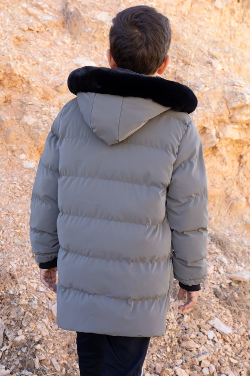 Antrasit İçi Kürklü Çıkarılabilir Kapüşonlu Erkek Çocuk Şişme Mont 19694