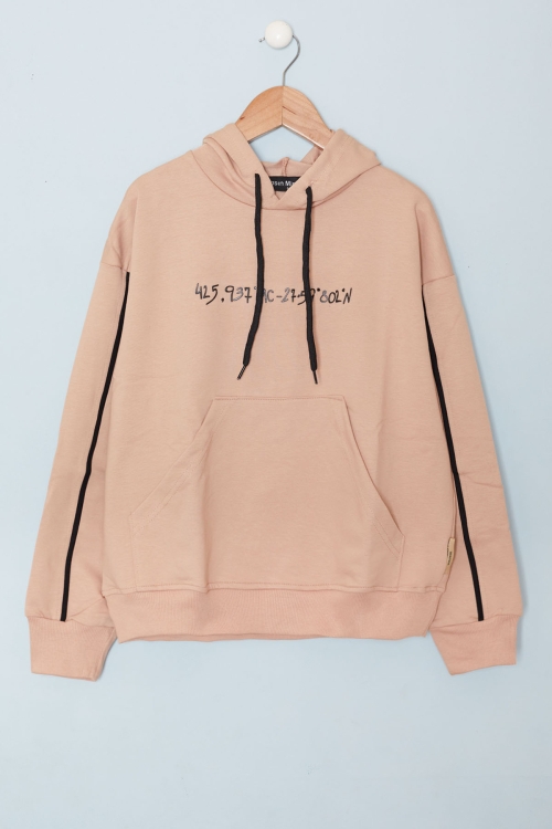 Bej Baskılı Erkek Çocuk Şeritli Kapüşonlu Sweatshirt 19217