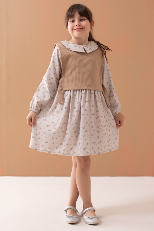 Bej Çiçek Desenli Süveterli Uzun Kol Kız Çocuk Elbise 19546